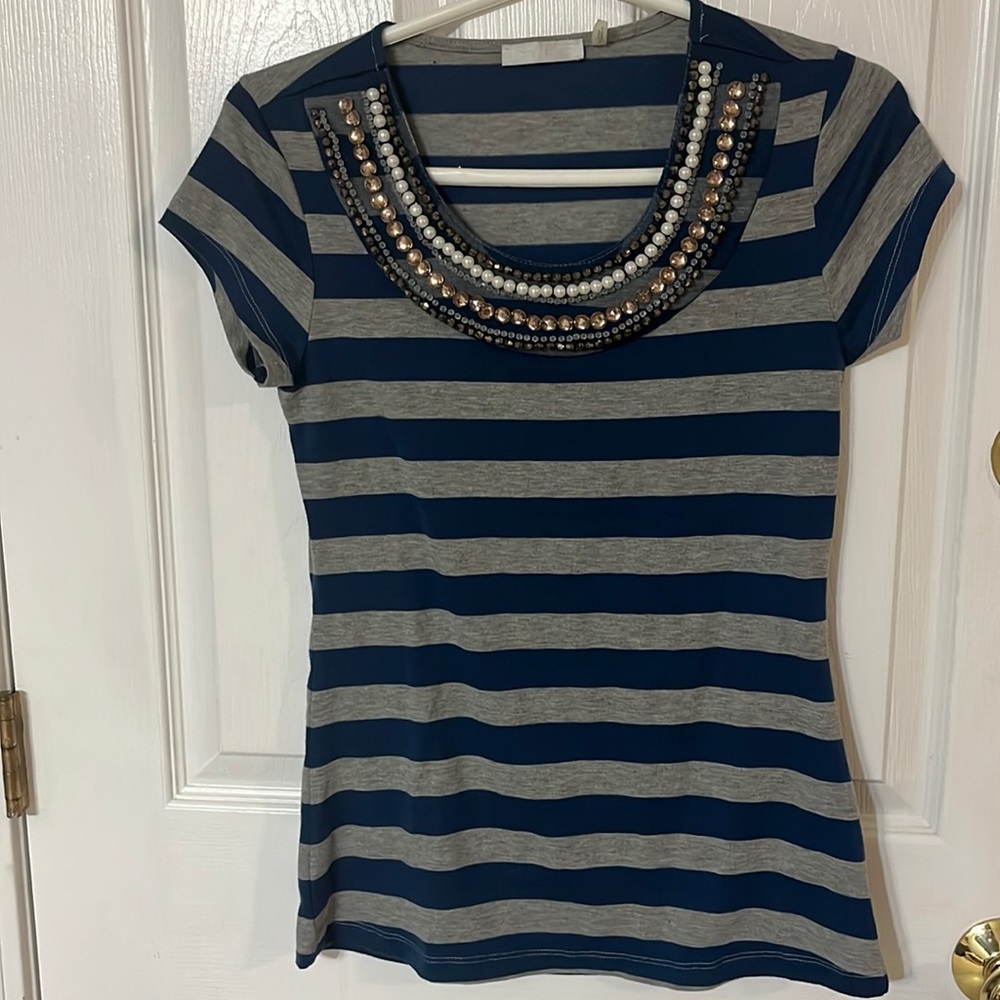 Forever Fashion blue and grey striped shirt with jewel adornment